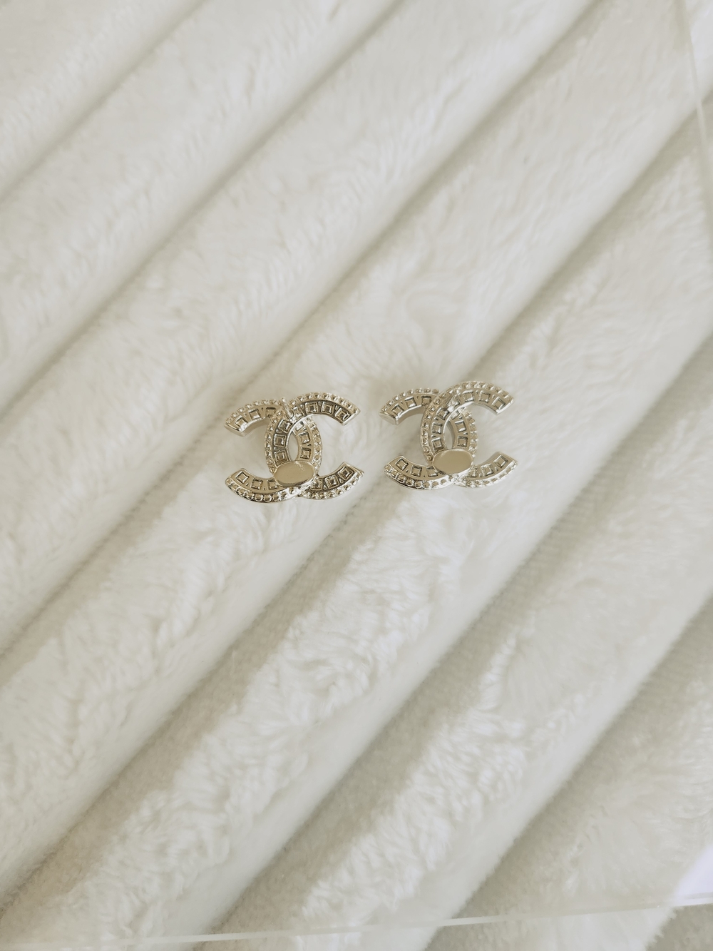 Gold Tone Crystal Pave Interlocking C Stud Earrings Statement - Picture 3 of 4